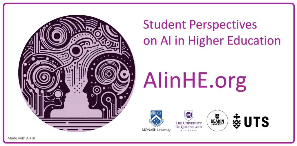 Banner with the text "Student Perspectives on AI in Higher Education. AIinHE.org." Followed by the logos of Monash, UQ, Deaking, UTS.
